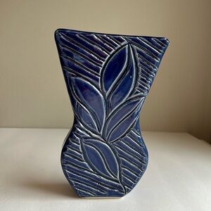 NEW Handmade Pottery Vase with Carved Leaf Design in Rich Blue